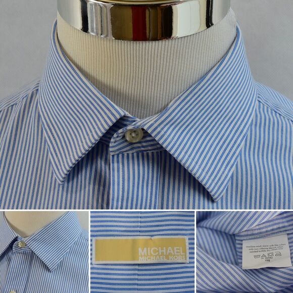 MICHAEL KORS Men’s Pen Striped Dress Shirt Size L 16 34/35 Blue Button Up LS - Picture 6 of 12